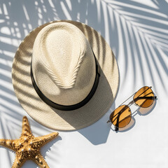 A woven sun hat, stylish sunglasses, and a starfish rest on a white surface, dappled with palm leaf shadows, evoking a summer vacation