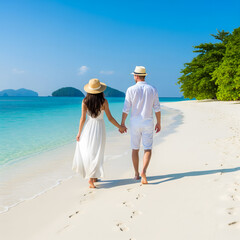 A joyful young adult couple, male and female, holding hands and walking barefoot on a pristine white sand beach with turquoise water and green islands under a clear sky