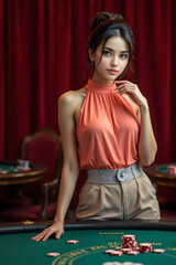 Stunning Woman at Casino Table Enjoying a Night of Gambling