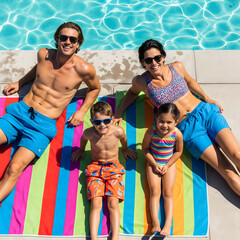 A smiling family of four, including two young children, relaxes on a colorful striped towel by a sunny swimming pool