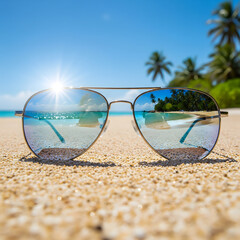 A close-up of stylish aviator sunglasses on a sandy beach, reflecting the bright sun, blue sky, and palm trees