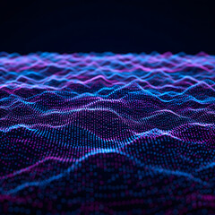 A dark, abstract digital landscape features undulating waves of glowing pink and blue dots, representing data flow or sound