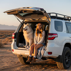A young adult woman and a fluffy white dog sit happily in the open trunk of an SUV at sunset in a desert landscape
