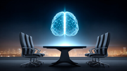 Modern conference brainstorm. Creative brainstorming takes place in a sleek conference room with a digital brain displayed over a table.