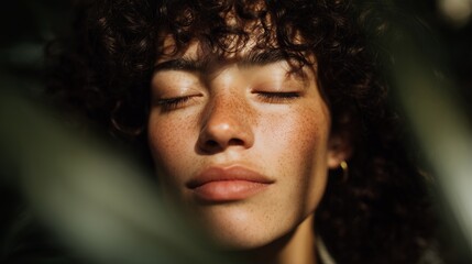 Woman’s face with dappled light and shadows