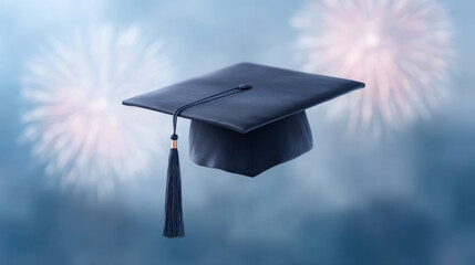 Grad celebration with cap and fireworks. Graduation cap floats against a festive backdrop of colorful fireworks, symbolizing achievement and celebration.