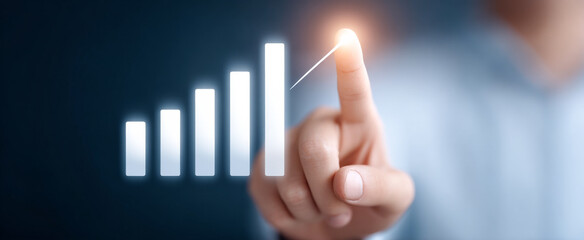 Performance boost via touch. A hand points to a rising graph, indicating growth and improvement.