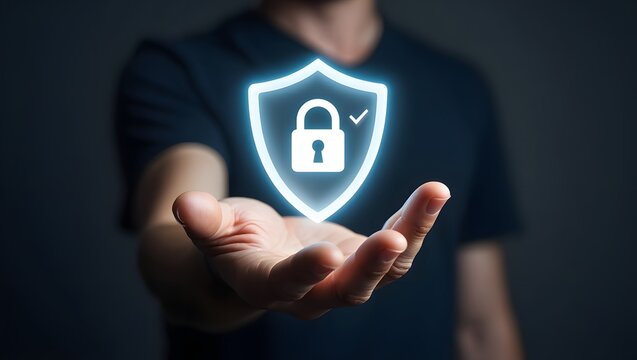 Cyber security concept with virtual lock shield. Person presenting a glowing virtual shield with a padlock symbolizes cybersecurity and data protection. information safety. digital encryption privacy,