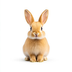 Adorable rabbit on white. A fluffy orange rabbit poses on a white surface, showcasing its big ears and soft fur, looking directly at the viewer.
