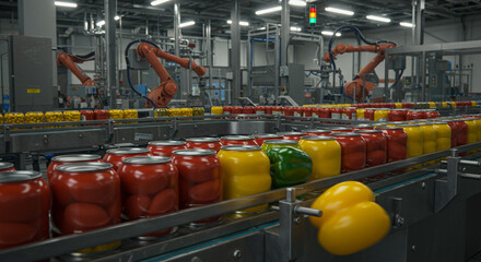 Robotic arms sorting cans of peppers on a conveyor belt in a food processing factory environment