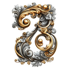 Ornate Number Three with Gold and Silver Accents Isolated on Transparent Background showcasing Baroque style floral designs and textures