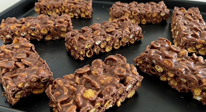 Chocolate cornflake bars on black tray with glossy finish
