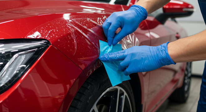 Application of protective film on a red car by a person wearing blue gloves in an auto detailing shop