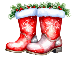 Santa boots with snow, transparent background