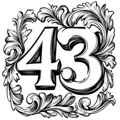 Ornate White Number 43 Inside Elegant Floral Frame on Transparent Background