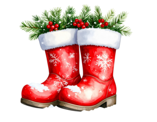 Santa boots with snow, transparent background