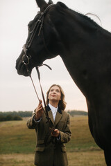 Woman Outdoors With Horse in Gentle Interaction During Dusk