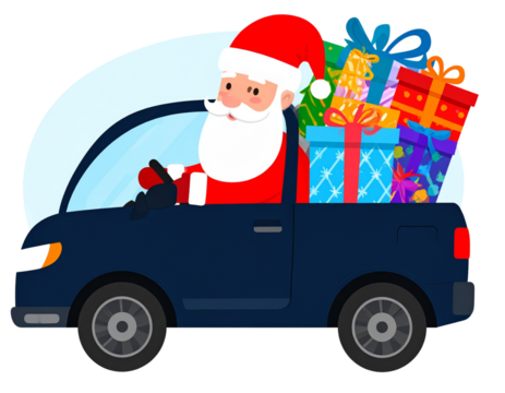 Santa driving car with gifts, transparent background - Powered by Adobe