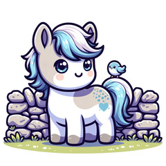 Fototapeta premium Cuteness Unleashed: A whimsical, animated pony with striking blue hair and an adorable, inviting presence. Accompanied by a sweet bird companion and resting beside a stone wall.