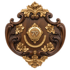 Ornate Wooden Plaque With Golden Accents And Intricate Carvings Against Transparent Background