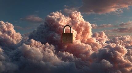 Padlock amidst pink clouds symbolizing security in the cloud at dusk under the sky