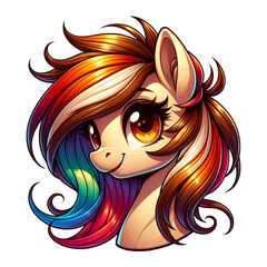 Elegant Pony Portrait: Captivating portrait of a pony with expressive eyes and a flowing, colorful mane, evoking a sense of charm and whimsy, perfect for various design purposes.