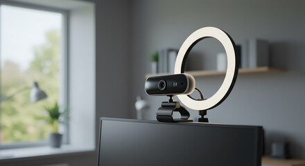 A video conferencing webcam and ring light mounted on top of a widescreen monitor, with blurred home office in background.