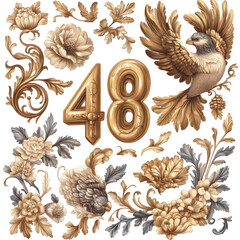 Vintage Floral Arrangement With Bird And Golden Number 48 On Transparent Background