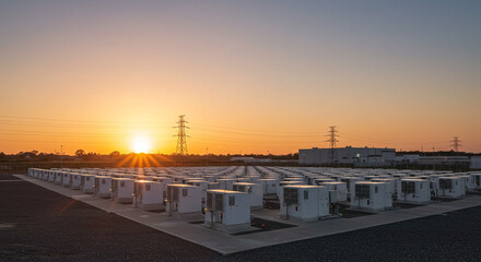 A large array of battery storage units at sunset with power lines and buildings in the background