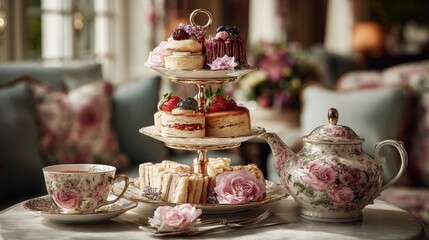 Elegant afternoon tea service with tiered stand of cakes, sandwiches, and floral china teacup and teapot displayed on marble table in a luxurious setting
