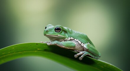Fototapeta premium Dumpy Tree Frog Perched on Vibrant Green Leaf in Soft Focus