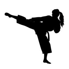 Female martial artist performing a high kick in silhouette style without background  