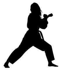 Silhouette of woman practicing martial arts in action without background  