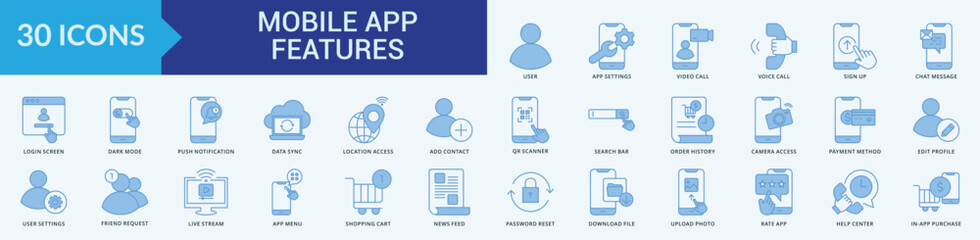 Mobile App Features blue icon collection set with user, app settings, video call, voice call, sign up, chat message, login screen, dark mode, push notification
