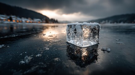 Snow cube on frozen lake reflects sky at sunset near reykjavik, iceland during winter solstice