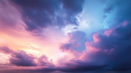Vibrant clouds painting the sky with hues of pink and blue at sunset. A calm evening scene filled with serene beauty.