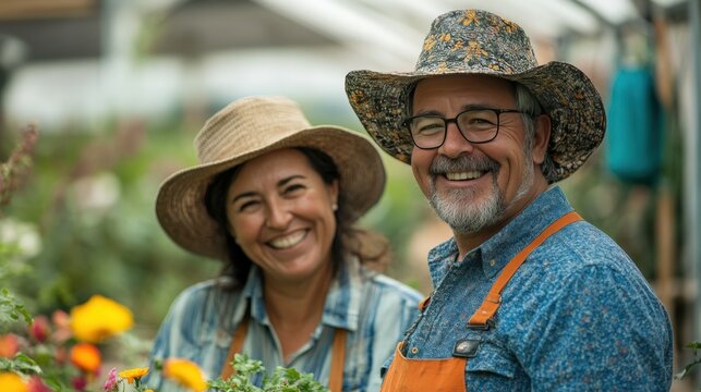 Happy Middle-Aged Couple Smiling in a Vibrant Garden with Colorful Flowers and Greenhouse Background