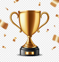 Golden Trophy cup. Banner or poster with shiny champion goblet and falling confetti. Prize or award for winner of competition. Realistic 3D vector illustration isolated on transparent background
