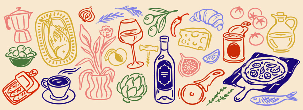 Mediterranean food set. Doodle icons with traditional Italian cuisine. Stickers with olives, pizza, wine, fish and cup of coffee. Hand drawn vector illustration collection isolated on background