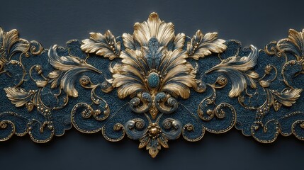 Detailed gilded ornament with floral motif and decorative border on textured dark green background showcasing luxurious craftsmanship