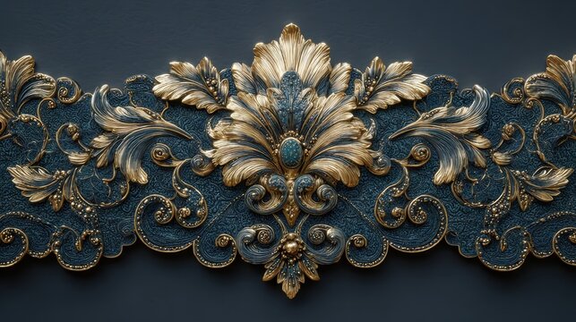 Detailed gilded ornament with floral motif and decorative border on textured dark green background showcasing luxurious craftsmanship