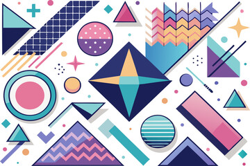 Modern basic shapes set star, arrow, triangle, circle, heart, zigzag, spiral, wavy lines. Trendy Memphis geometric pattern. 