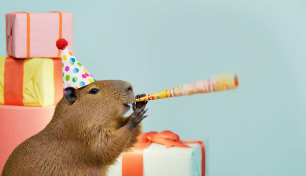 Capybara in colorful party hat blowing horn, surrounded by gift boxes, festive background. Copy space for text birthday greeting card