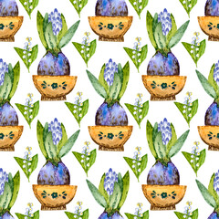 Watercolor illustration. Ceramic flower pot. Ceramics for flowers and water and house plants, seamless pattern on a white background.