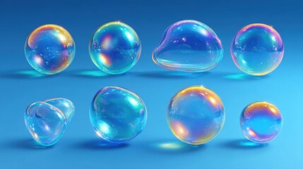 Soap bubbles floating on light blue surface showing rainbow iridescence from light refraction and reflections