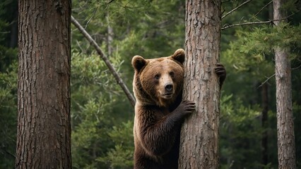 Obraz premium Brown Bear Climbing Tree in Forest Wildlife Observation Animal Habitat