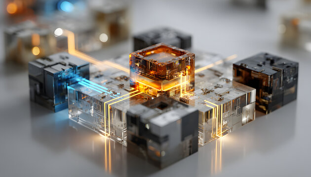 A modular quantum processor sculpture with geometric blocks interlinked by light beams, sleek design, photorealistic render, isolated on white