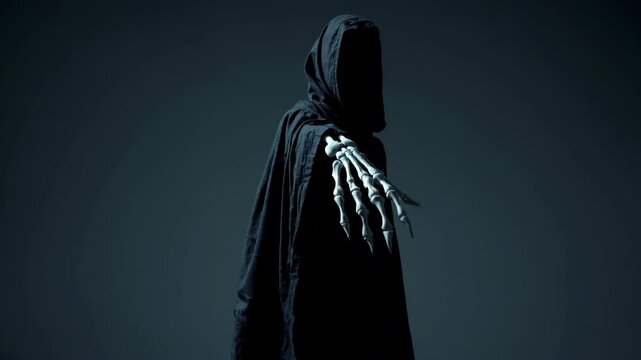 Grim reaper reaching towards the camera over dark background