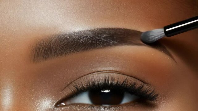 Applying Brow Makeup: Close-up of a Woman's Eye and Eyebrow Being Groomed with a Brush
