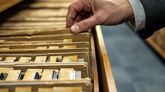 Record Keeper's Touch: A hand carefully sorts through a wooden file cabinet filled with aged documents, evoking a sense of history, organization, and meticulousness.